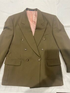 Men’s  Double-Breasted Olive Green Blazer with Pink Lining